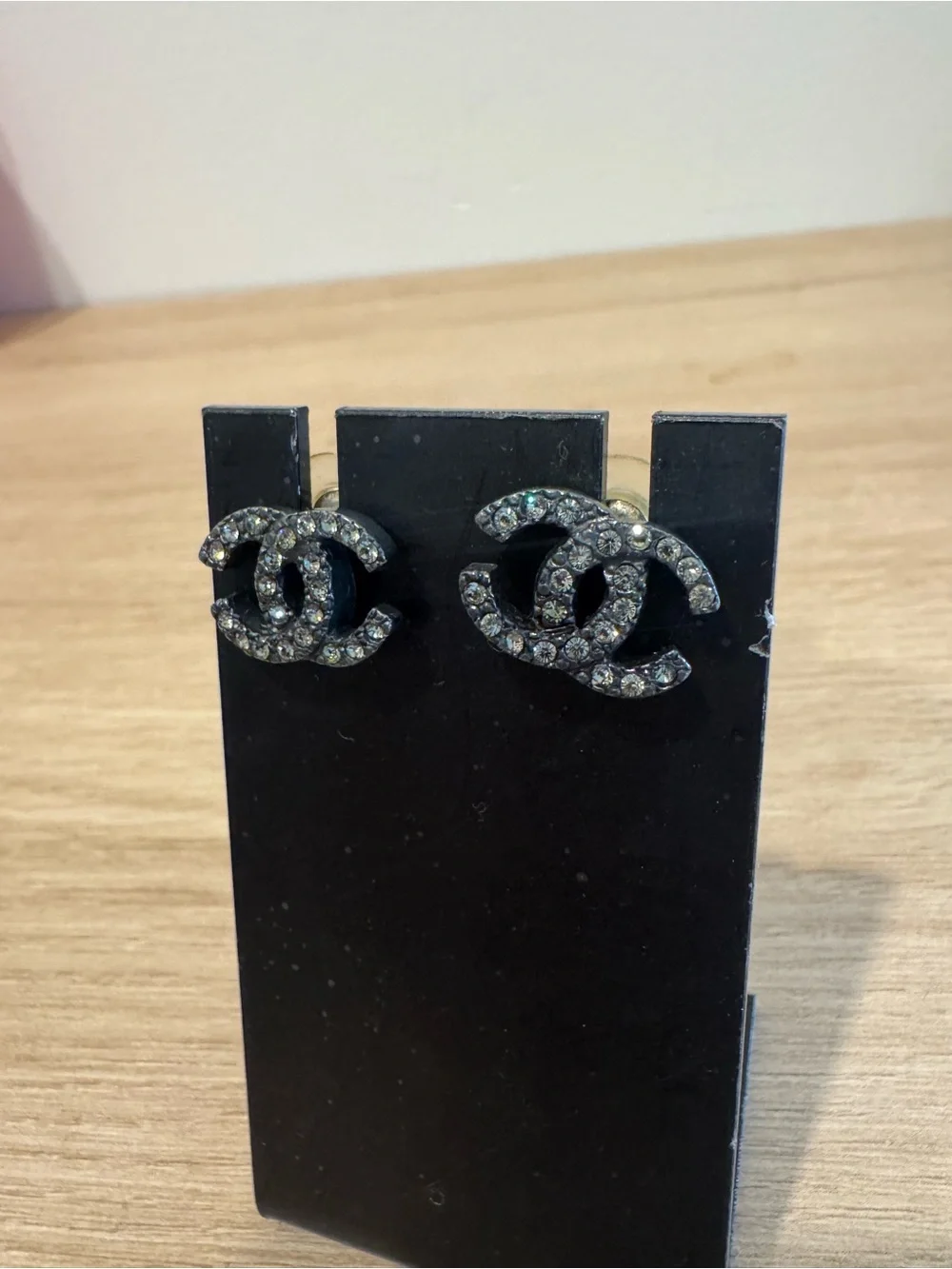 CHANEL Black and Silver Crystal CC Logo Stud Earrings